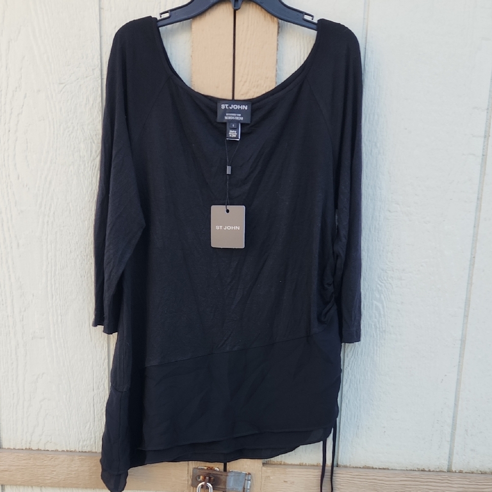 NEW St.‎ John Caviar Silk Drawstring Assymetric 3/4 Sleeve Rich Mom Top Small